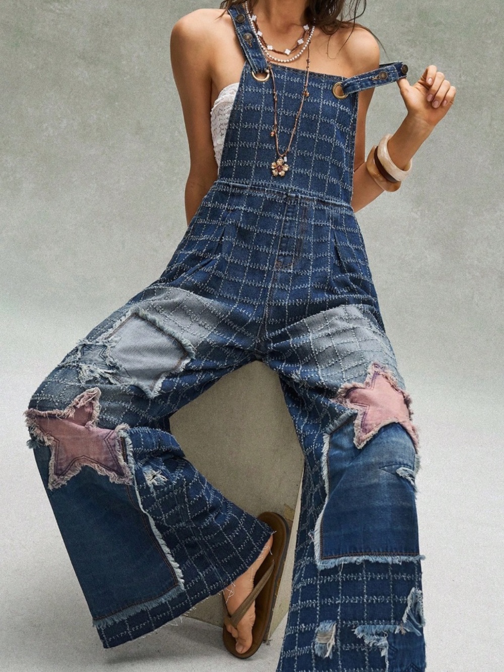 Western Dark Wash Star Wide Leg Bibs Overalls - Picture 6 of 7